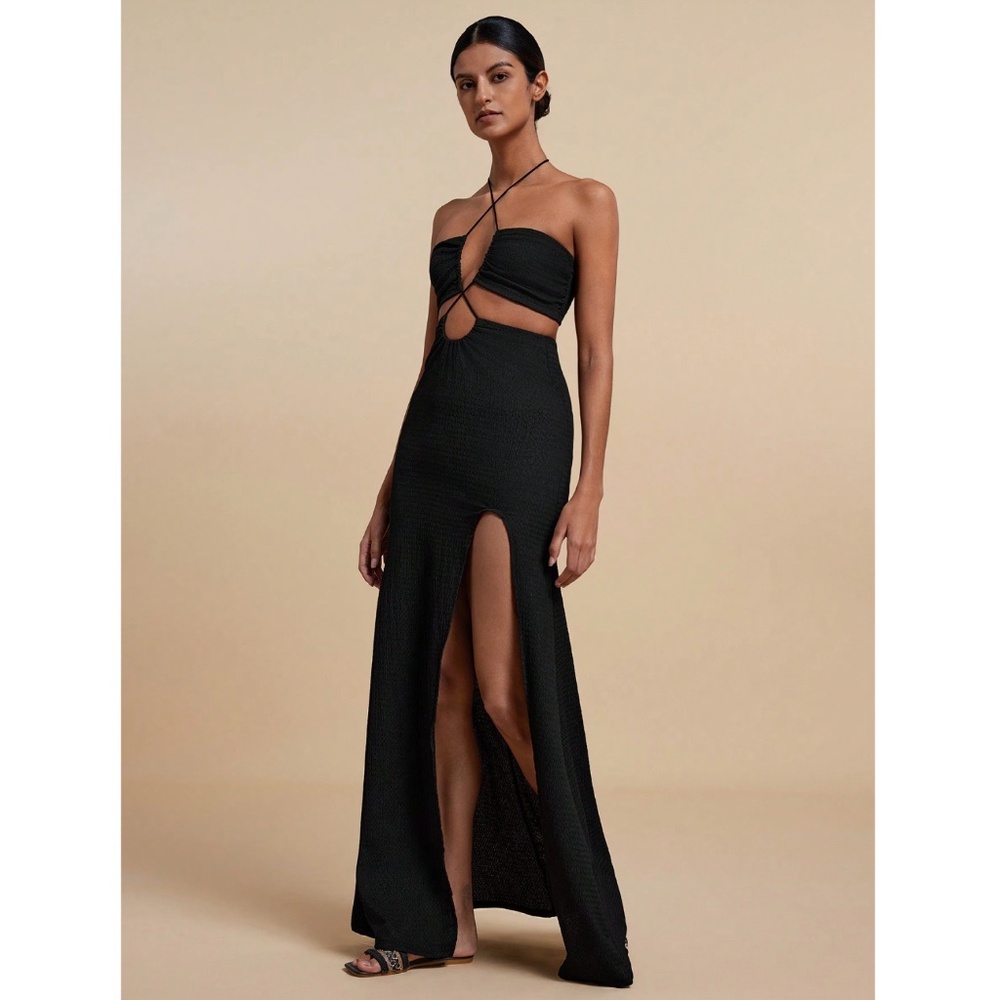 Black Long Dress Strappy Criss Cross Cut Out Detail Neck Ties - Picture 3 of 9